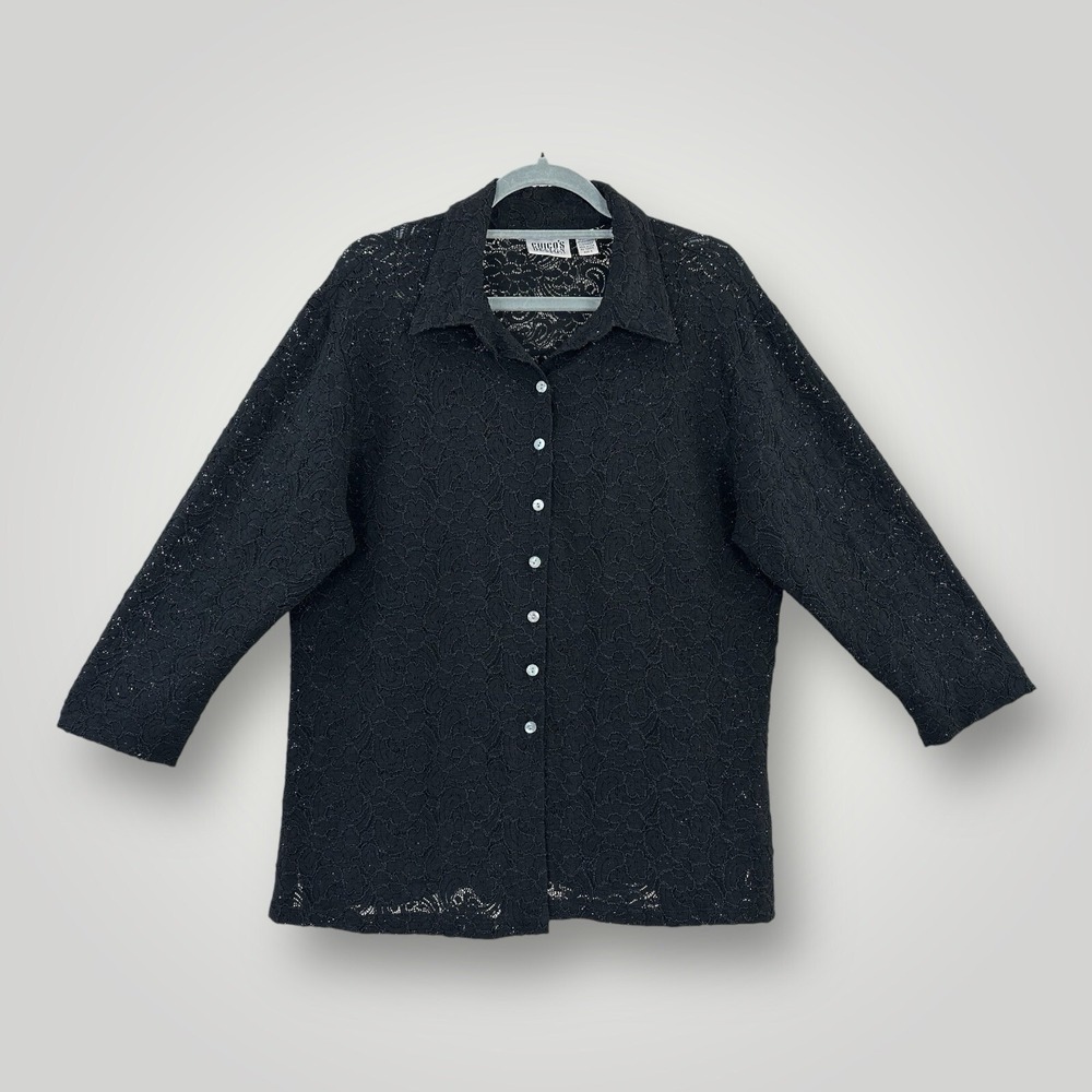 Chico's Design Shirt Womens XL Black Lace Semi Sheer Button Mother‎ Of Pearl
